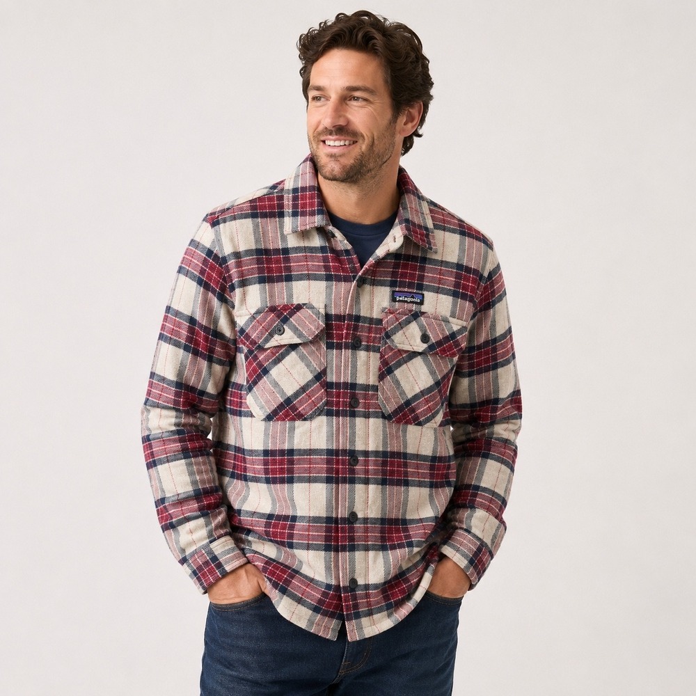 Patagonia Insulated Fjord Flannel Jacket Mens Medium Red Plaid Shirt Jacket